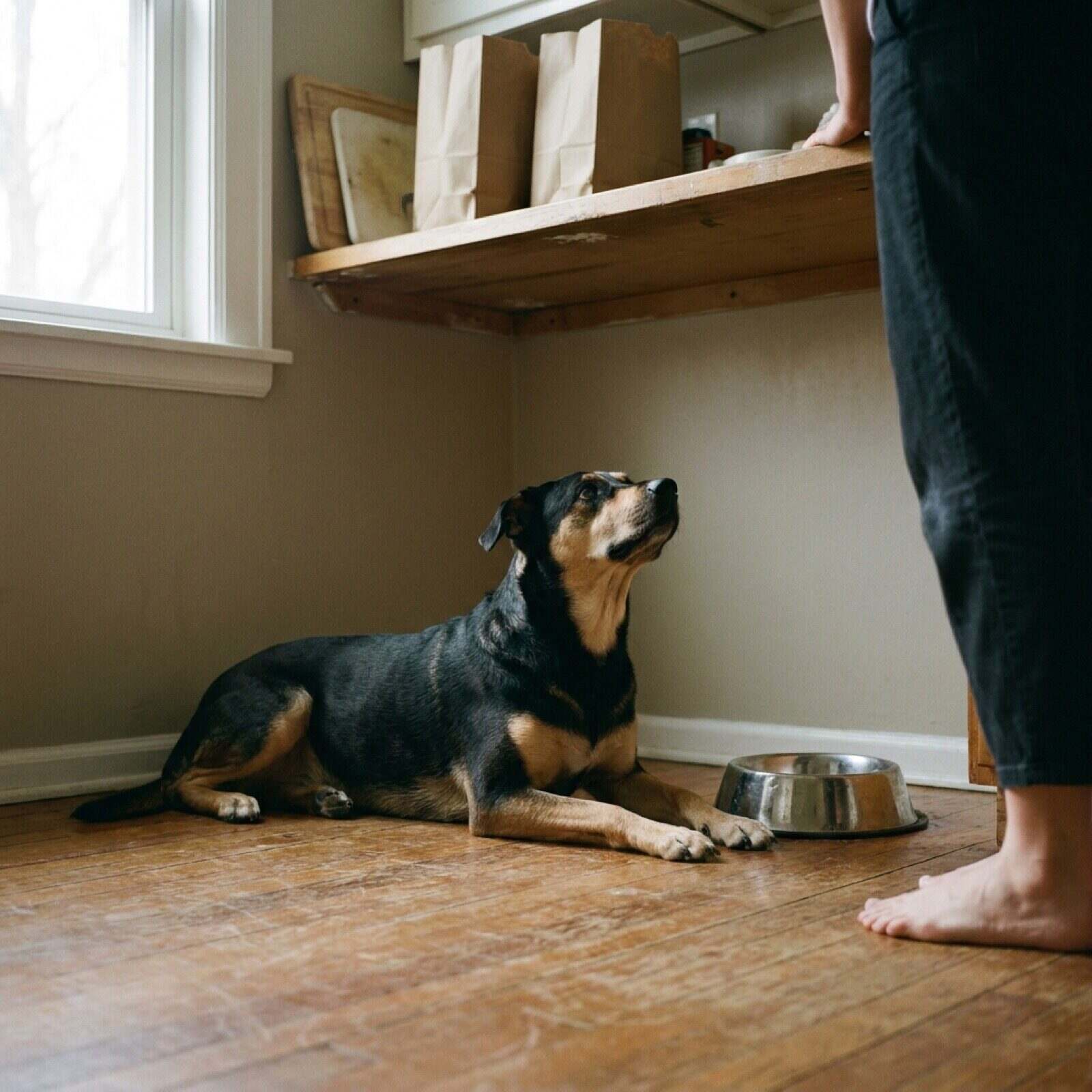 An empty stainless steel dog bowl on a kitchen floor with a medium mixed breed dog lying nearby watching it