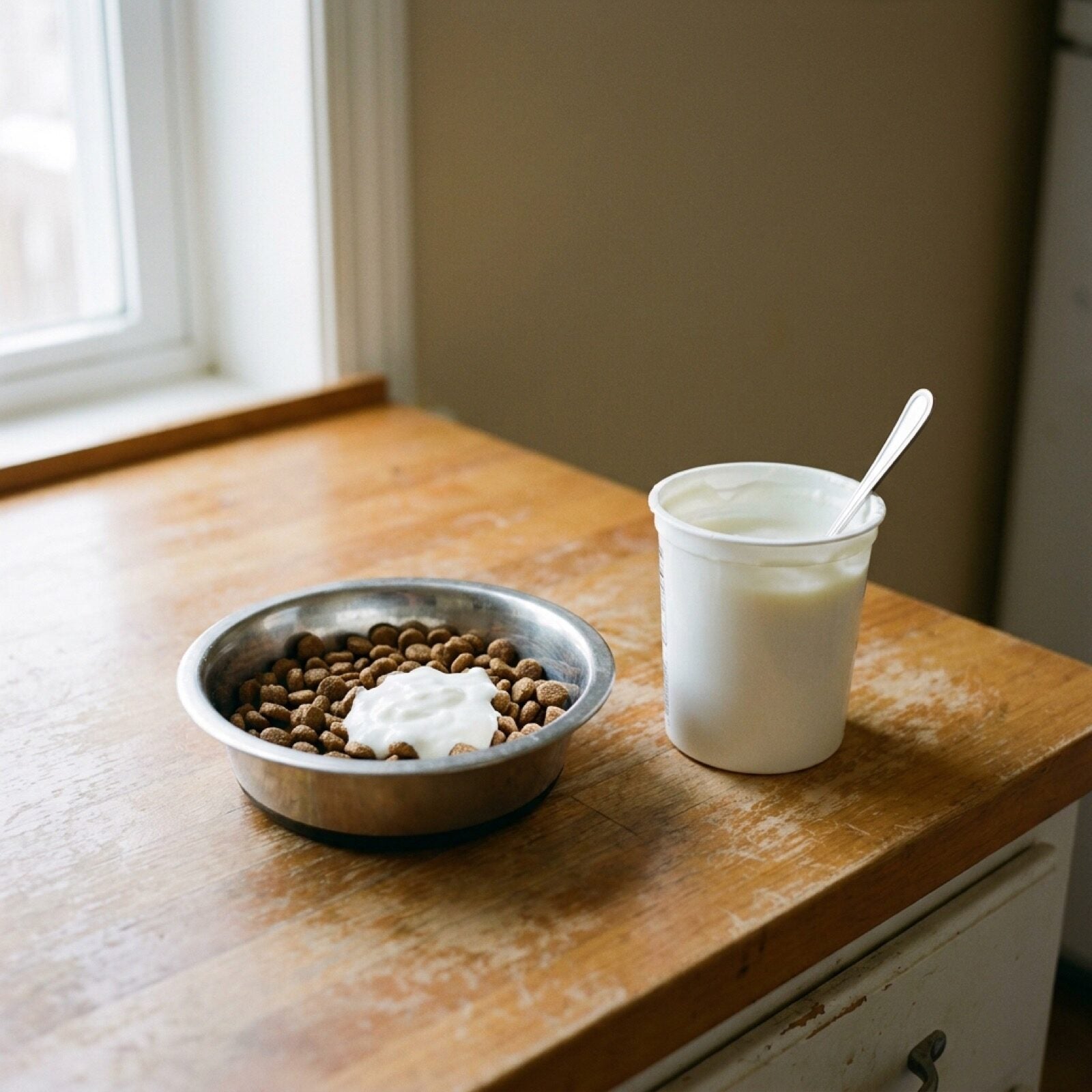 A tub of plain unsweetened yogurt open on a counter with a teaspoon of it going onto a bowl of kibble