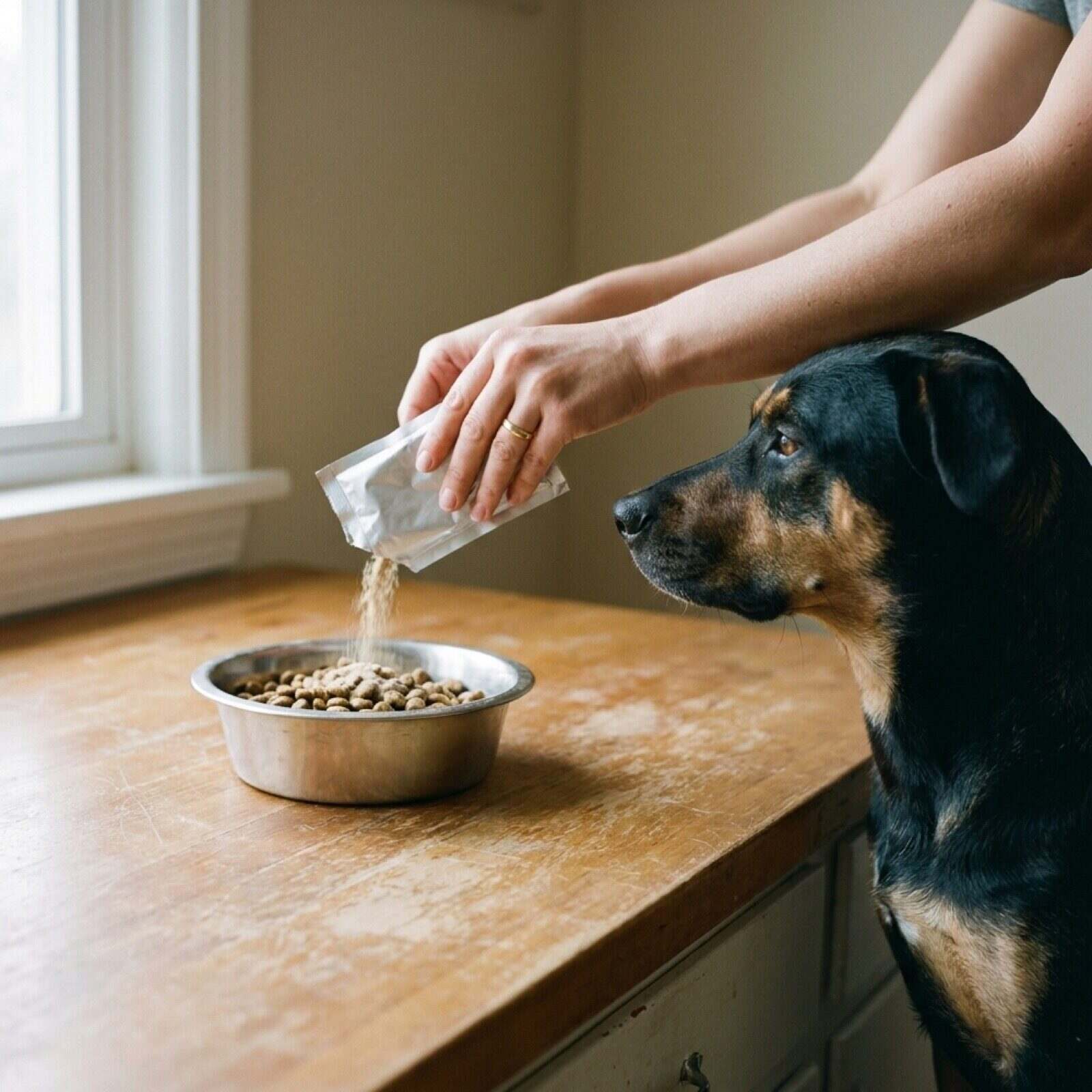 A torn open sachet of supplement powder beside a bowl of kibble dusted with powder while a dog turns its head away in the background