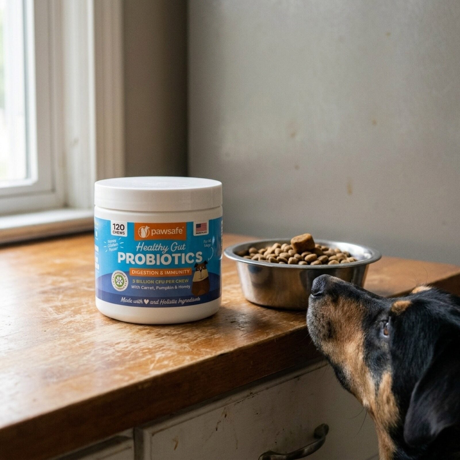 A hand offering one soft chew to a mixed breed dog taking it eagerly, with a tub of PawSafe probiotic soft chews and a full food bowl on the counter behind