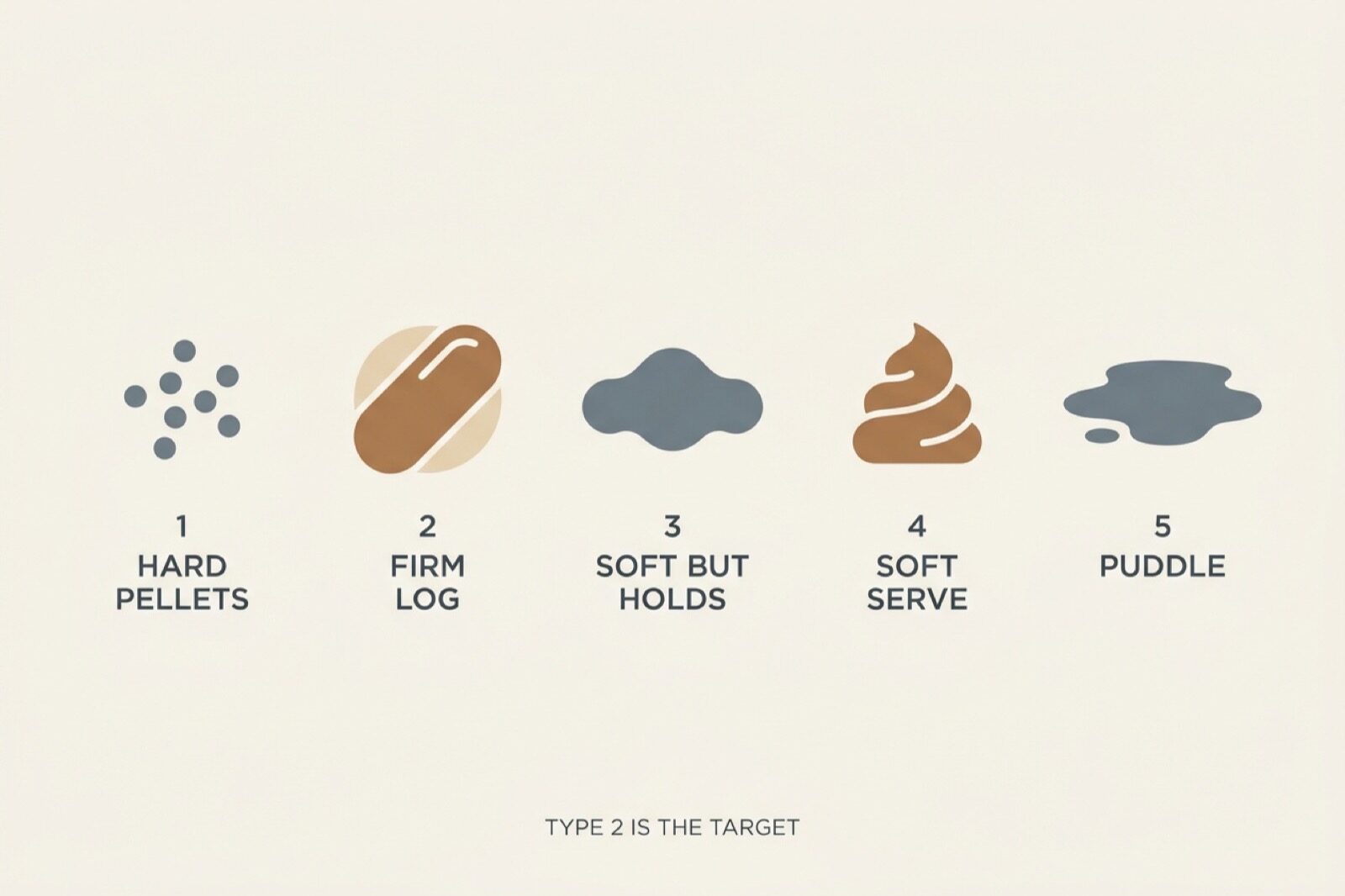 An illustrated five type chart running from hard separate pellets on the left through a firm log and a softer log to a formless pile and a flat puddle on the right
