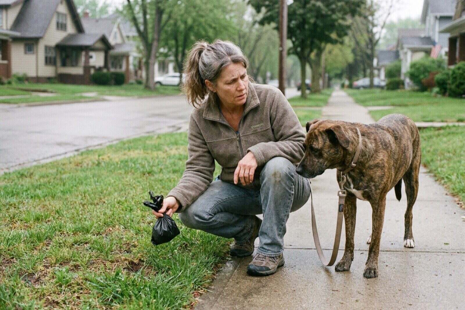 A woman crouched on a suburban pavement during a morning walk holding a small tied waste bag while her dog waits beside her