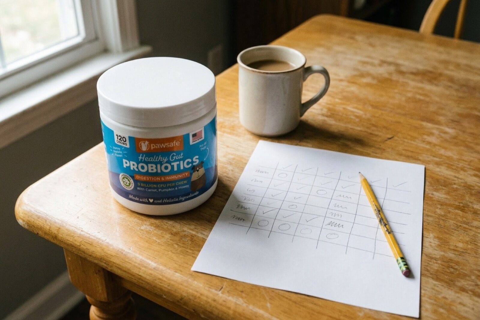 A kitchen wall calendar marked with small pencil ticks and single digits, a pencil on the counter below and a tub of PawSafe probiotic chews beside it