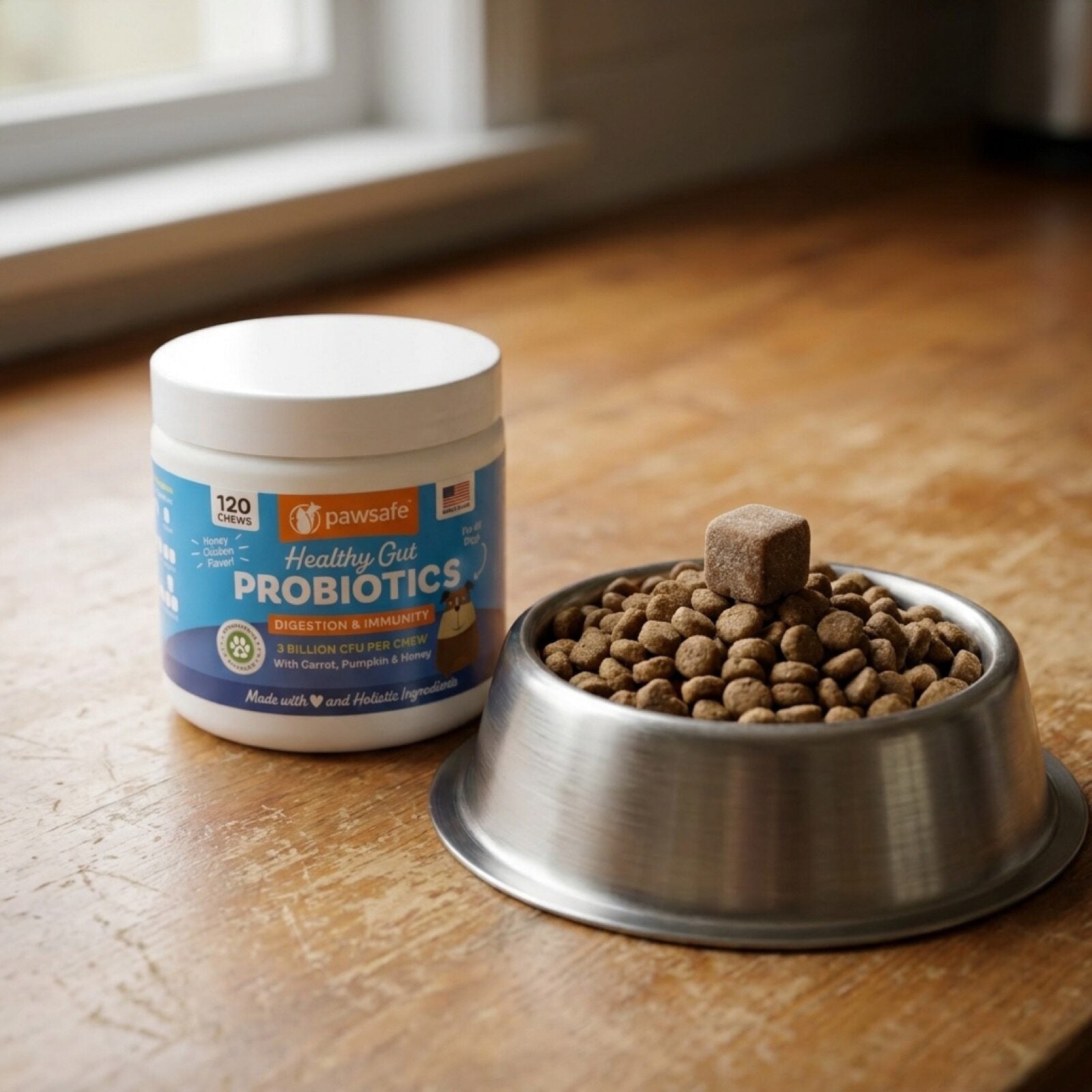 A tub of PawSafe Healthy Gut Probiotic Soft Chews on a morning kitchen counter beside a full dog bowl with one chew resting on the kibble