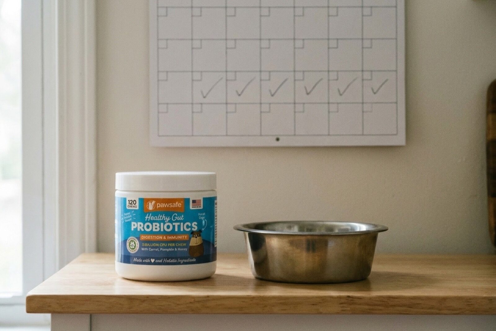 A kitchen wall calendar marked with four weeks of handwritten ticks, with a tub of PawSafe Probiotic Soft Chews on the counter below