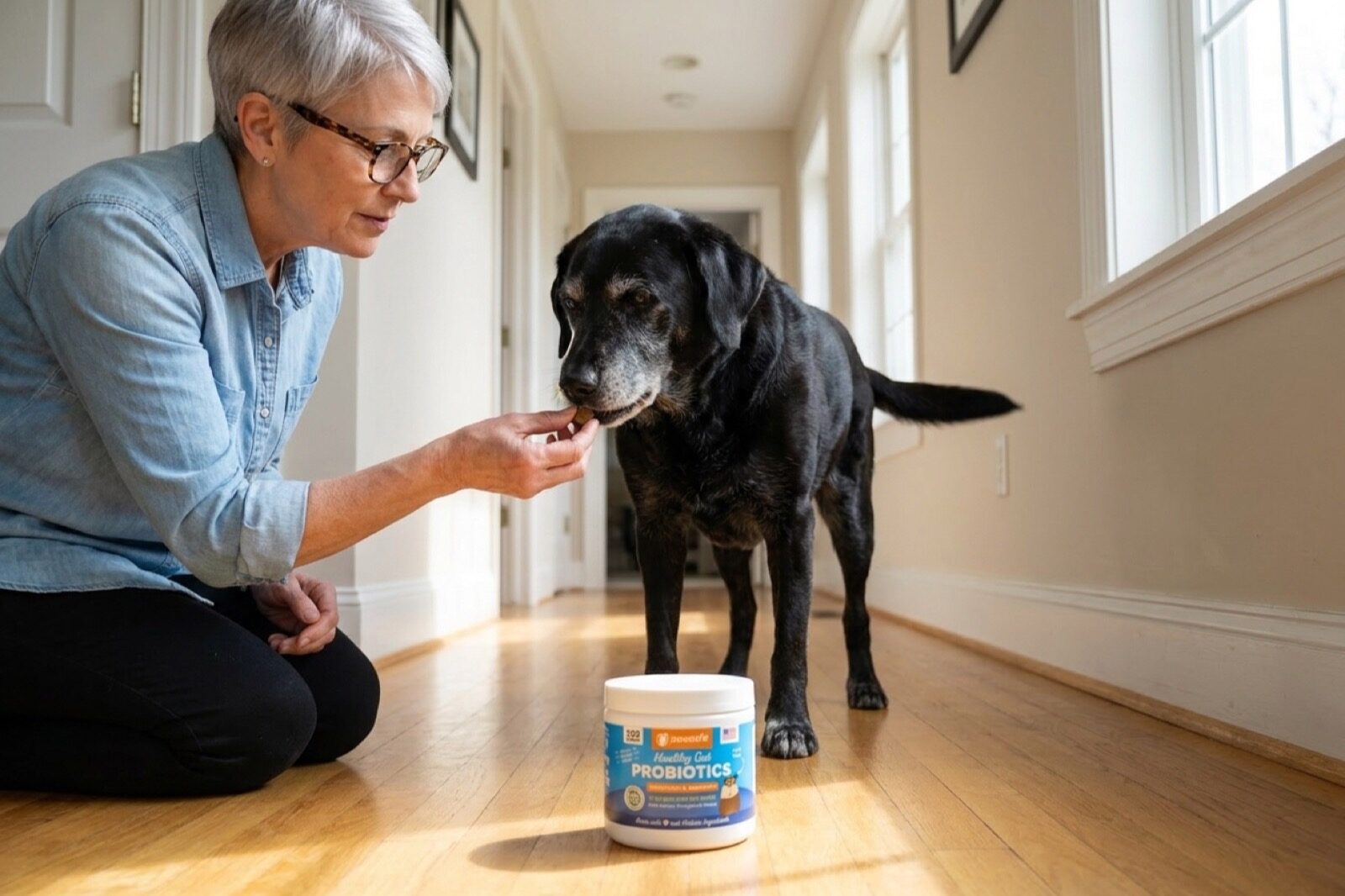 An older black Labrador mix taking a soft chew from a seated woman's open hand, with a tub of PawSafe Probiotic Soft Chews on the floor beside her
