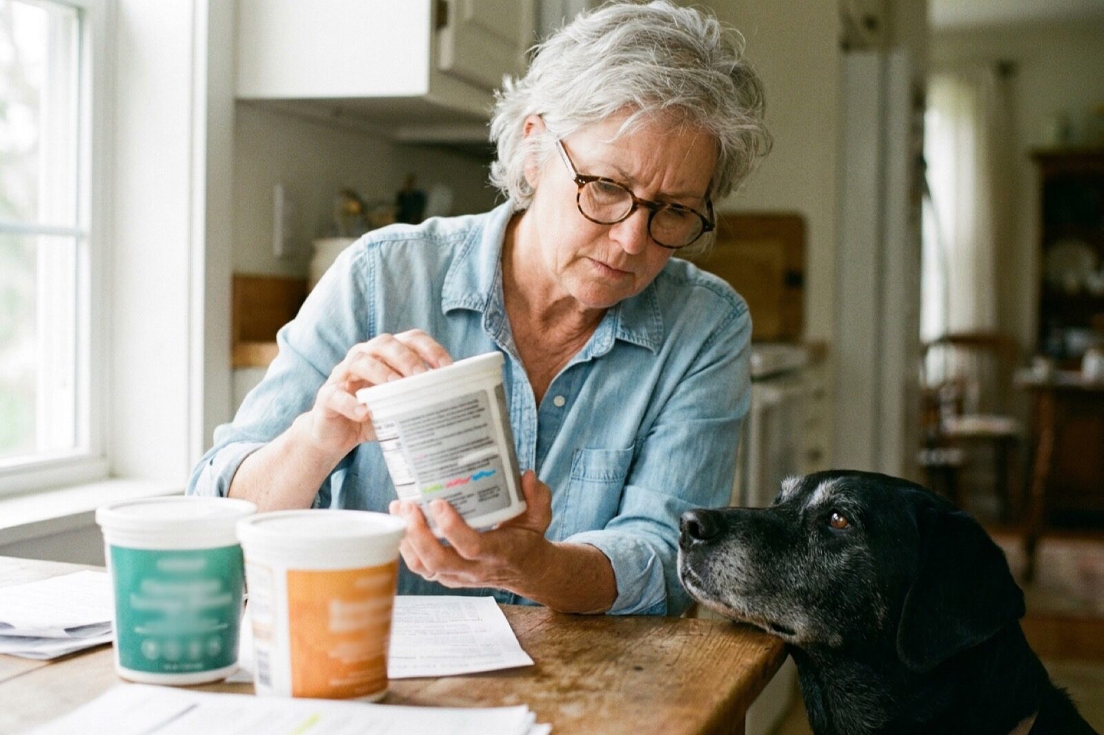 A woman in reading glasses holding a plain supplement tub close to her face at a kitchen counter, studying the ingredient panel