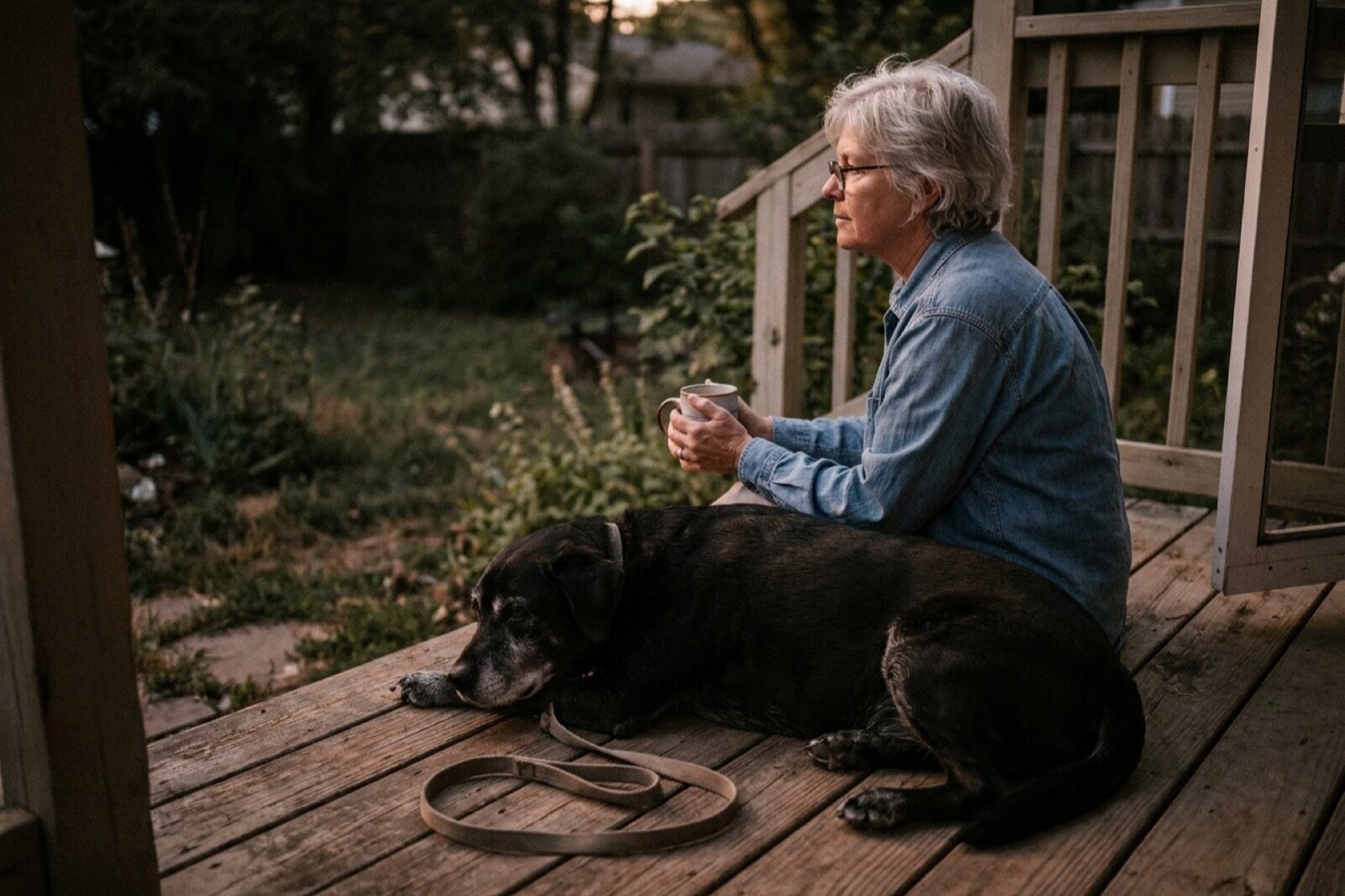 A woman sitting on a porch step at dusk with a mug while her older black Labrador mix lies settled against her leg