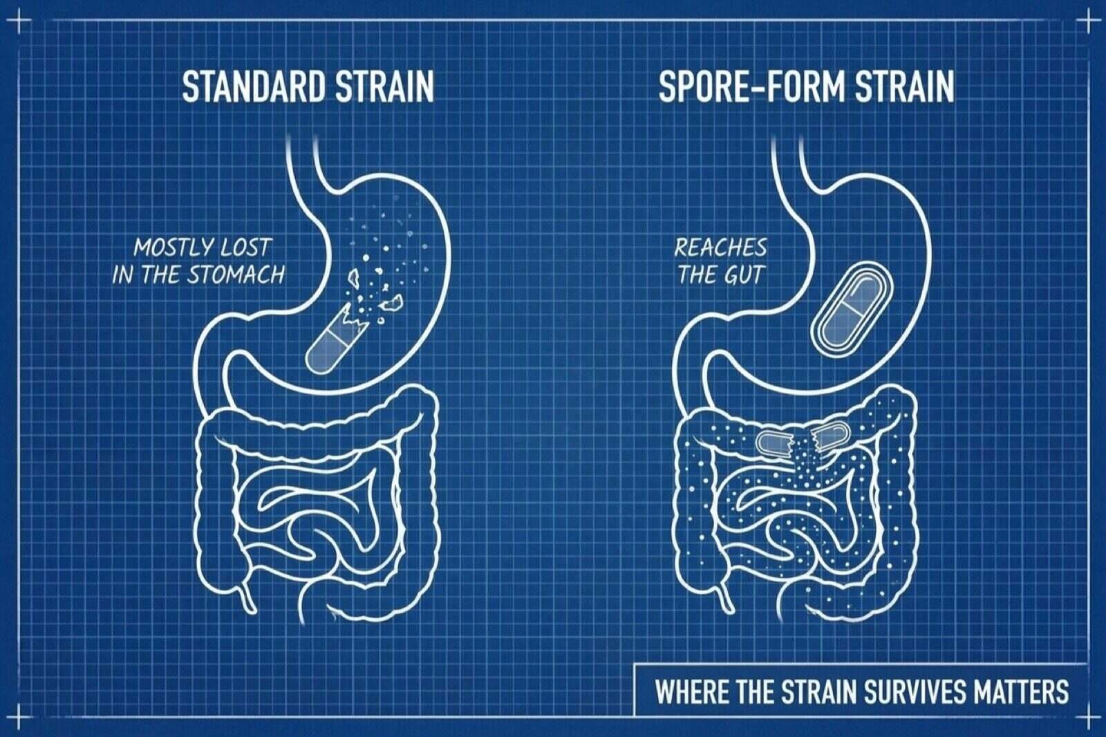 A blueprint style diagram on graph paper comparing a standard strain that mostly fades in the stomach with a spore-forming strain that passes through in a protective shell and opens in the intestine