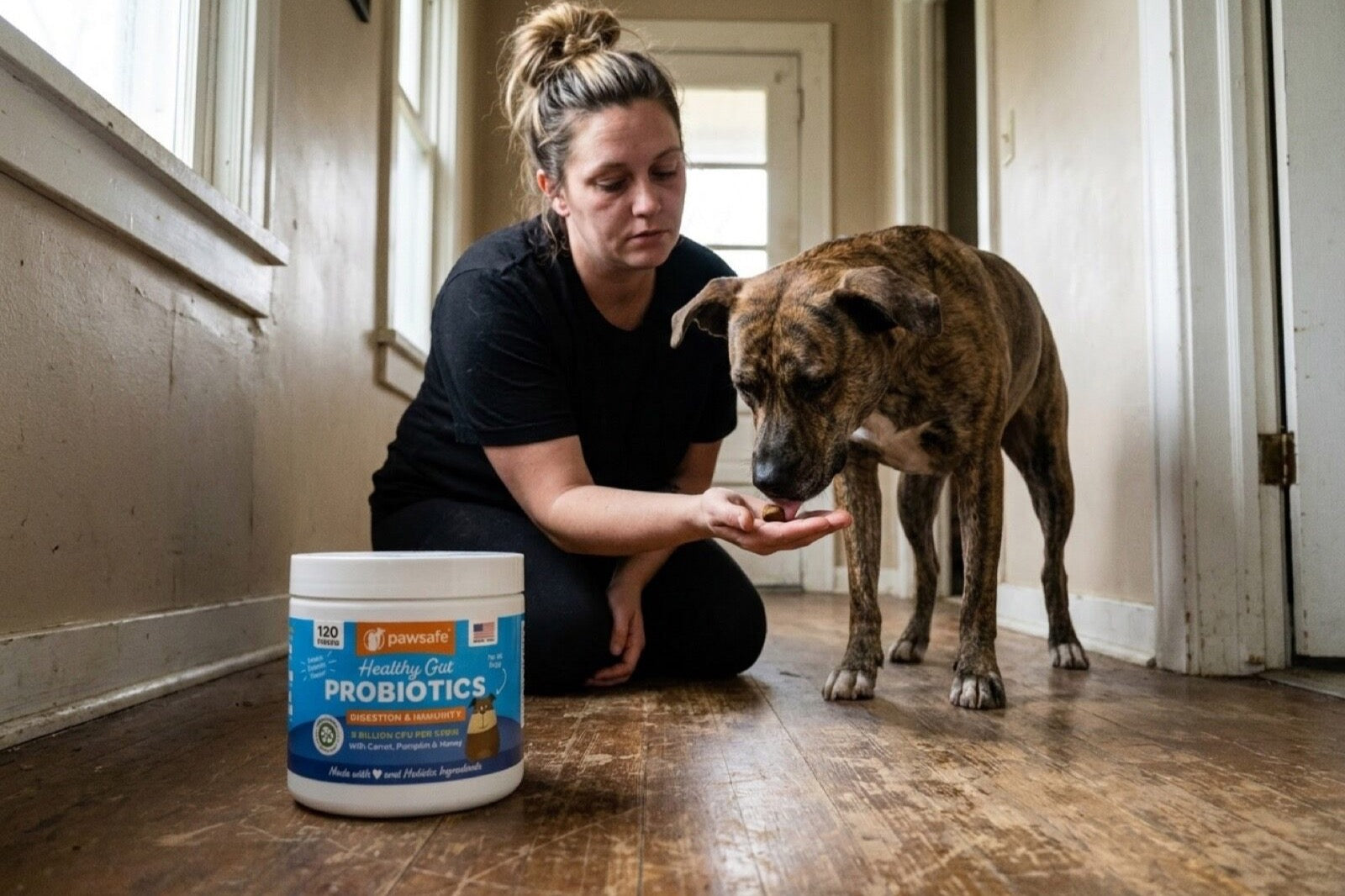 A brindle mixed breed dog taking a soft chew from a woman's open hand in a hallway