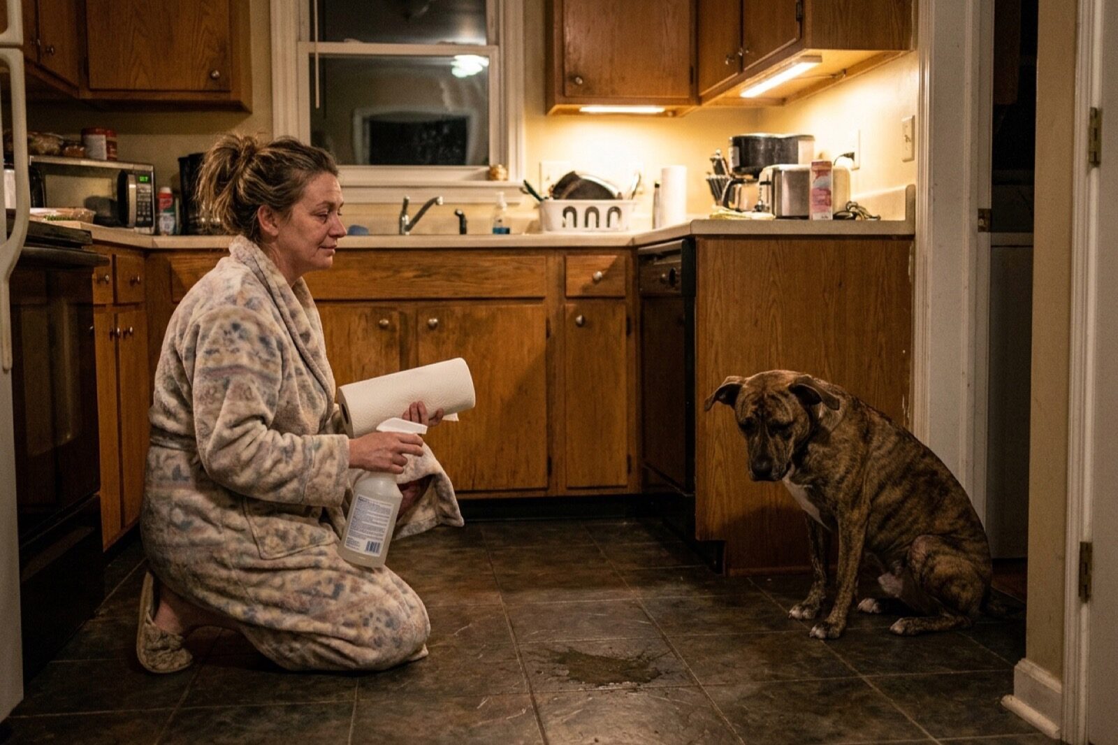 A woman in a robe kneeling on a kitchen floor at night with a roll of paper towels while her brindle dog waits by the back door