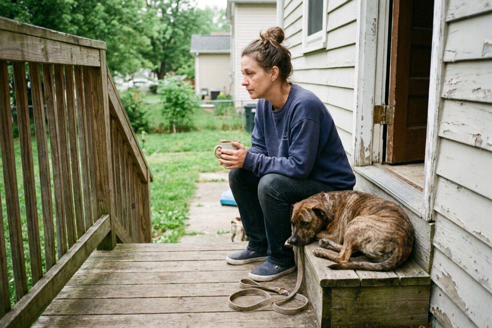 A woman sitting on her front porch step with a coffee mug while her brindle dog lies calmly beside her in the morning light