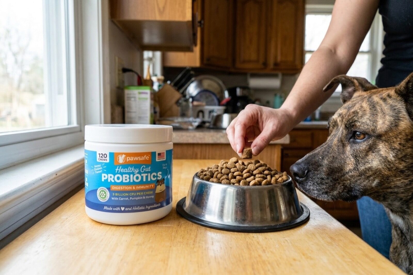 An open tub of PawSafe Probiotic Soft Chews on a kitchen counter beside a bowl of kibble with two chews resting on top