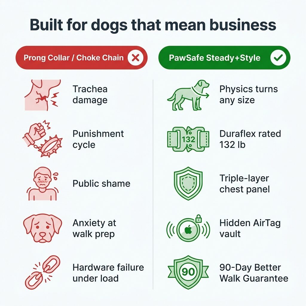 Infographic: prong collar and choke chain problems (trachea damage, punishment cycle, hardware failure) vs PawSafe Steady+Style (Duraflex rated 132 lb, front-clip physics, triple-layer chest, AirTag vault, 90-day guarantee)