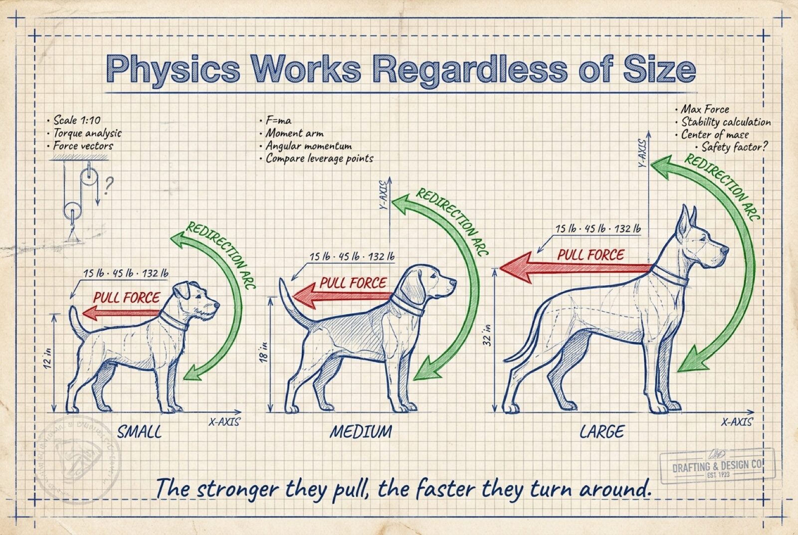 Blueprint diagram on graph paper showing three dog silhouettes of different sizes, all rotating sideways when pulling against a front-clip harness — physics works regardless of size