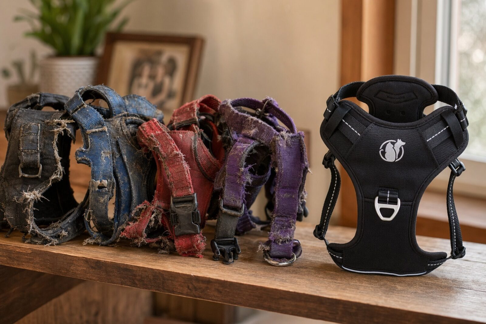 Graveyard of failed cheap harnesses next to one pristine PawSafe Steady+Style