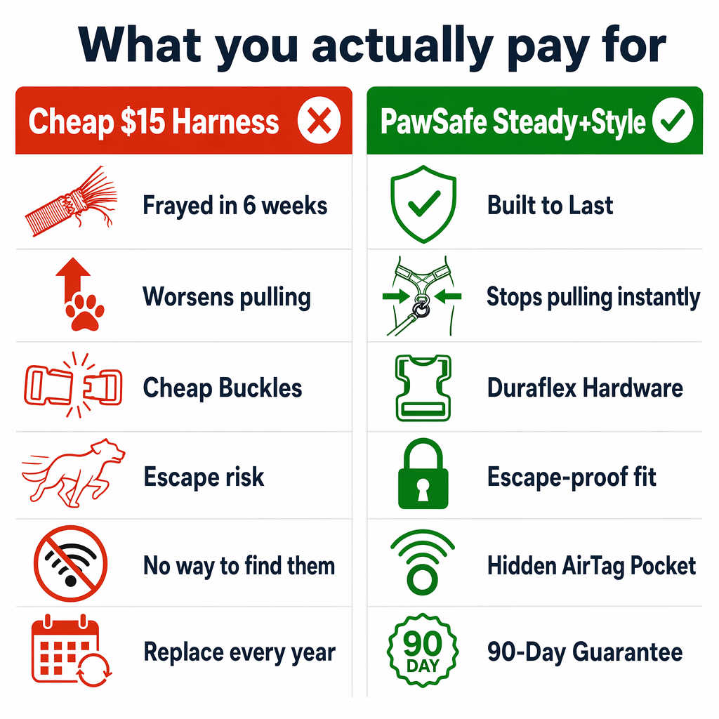 What you actually pay for: cheap $15 harness failure modes vs PawSafe Steady+Style value