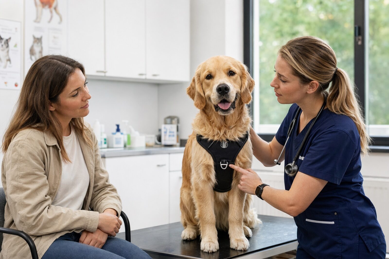 Vet examining a dog wearing the Steady+Style harness