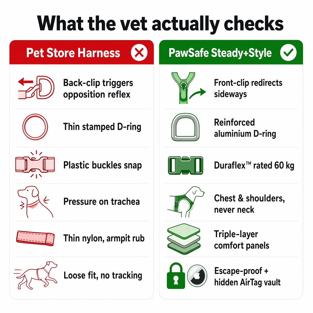 What the vet actually checks: pet store harness vs PawSafe Steady+Style vet-grade construction, side-by-side comparison