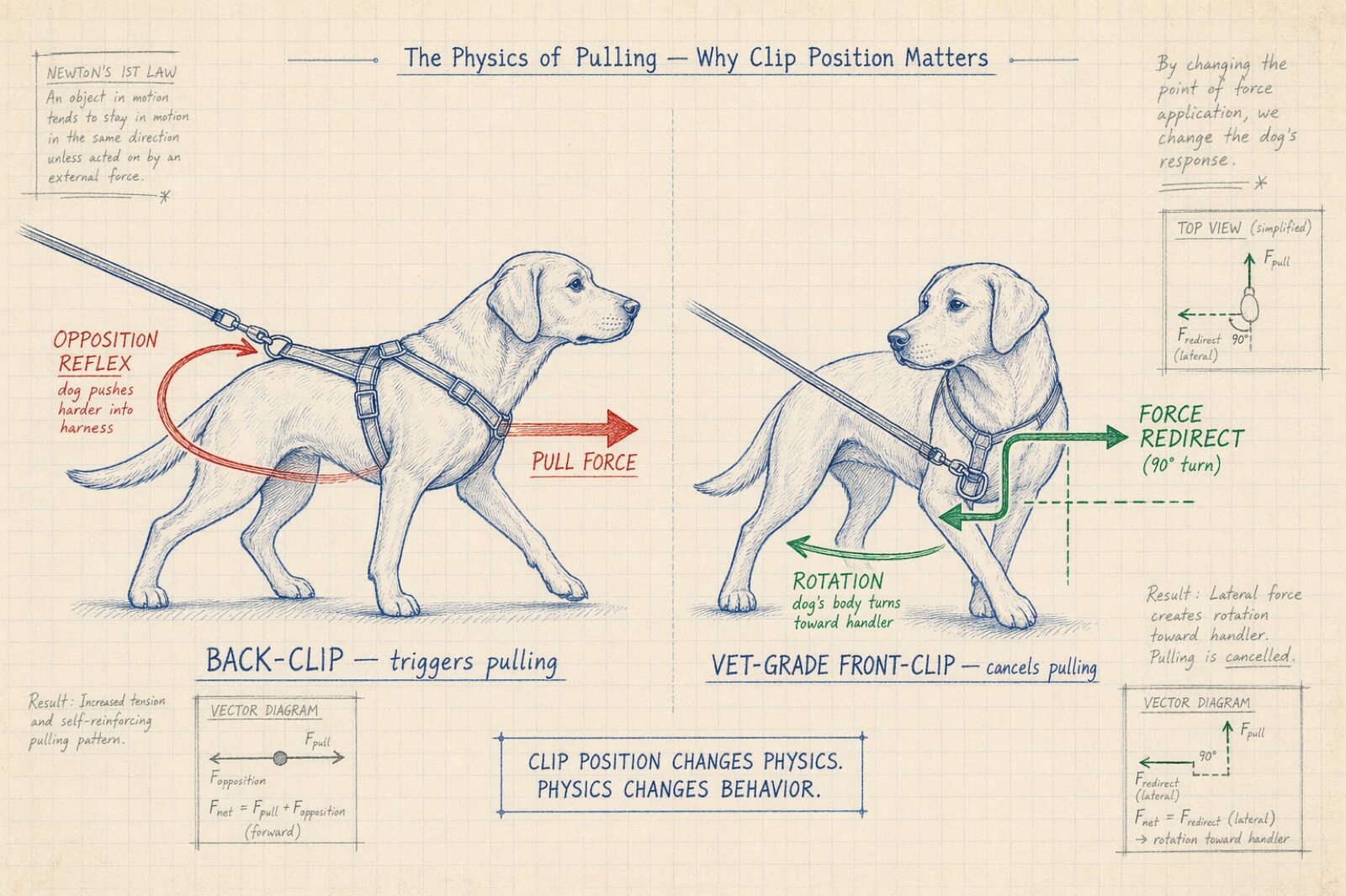 Blueprint-style diagram on graph paper comparing back-clip (Opposition Reflex, pull forward) vs front-clip (force redirects sideways, cancels pulling)