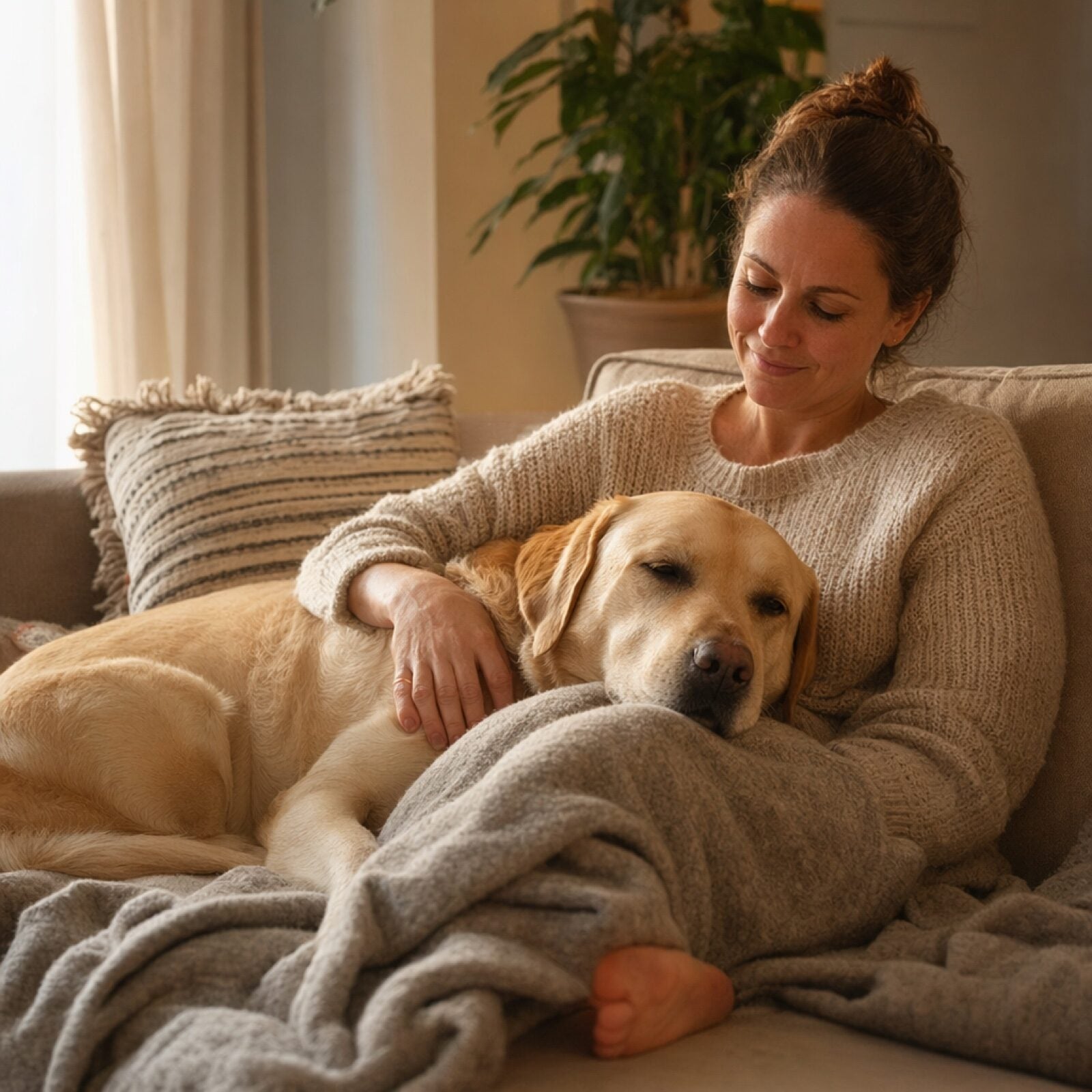 Woman and her golden Labrador relaxing together on a beige sofa at home in the evening, dog's head resting on her lap
