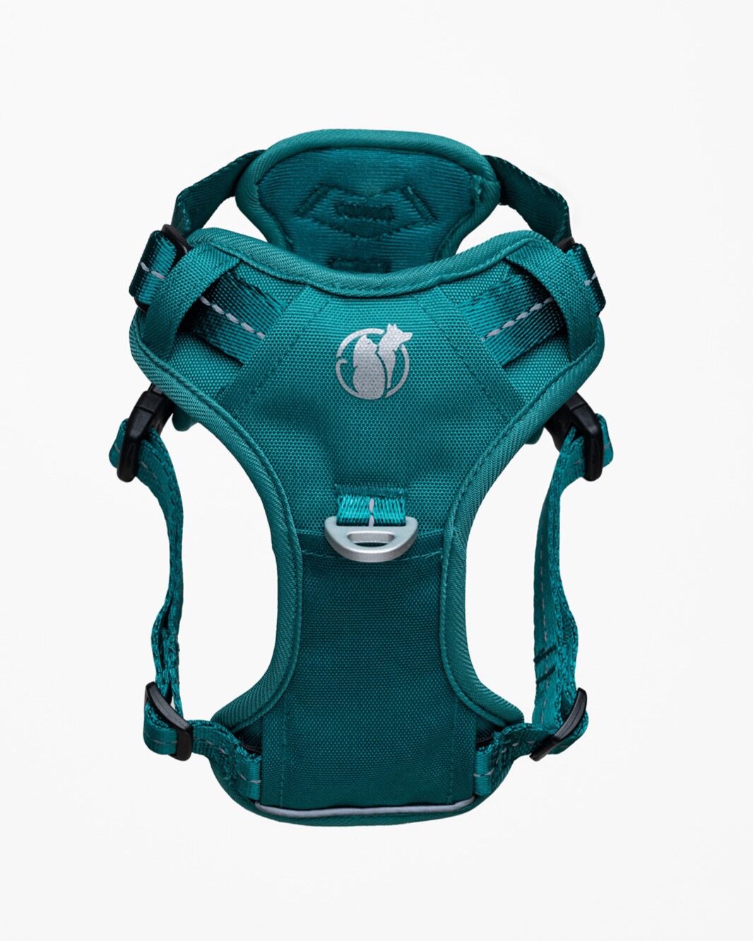 Clean studio shot of the PawSafe Steady+Style harness showing the triple-layer padded chest panel, reflective stitching, and front D-ring