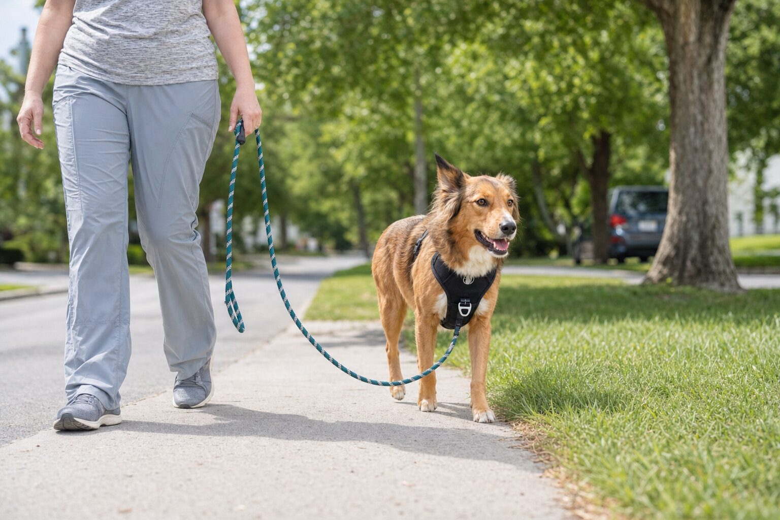 A rescue mutt in a PawSafe Steady+Style harness walking calmly beside her owner — slack lead, both relaxed, mid-stride on a sidewalk