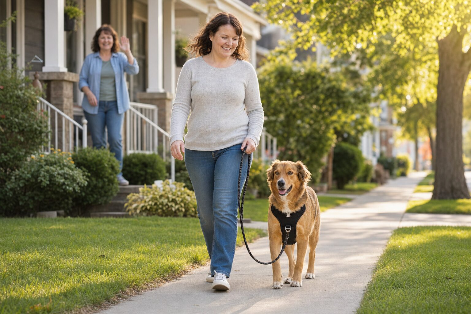An owner walks calmly down a residential sidewalk with their dog in a PawSafe Steady+Style harness — a neighbour smiles in the background