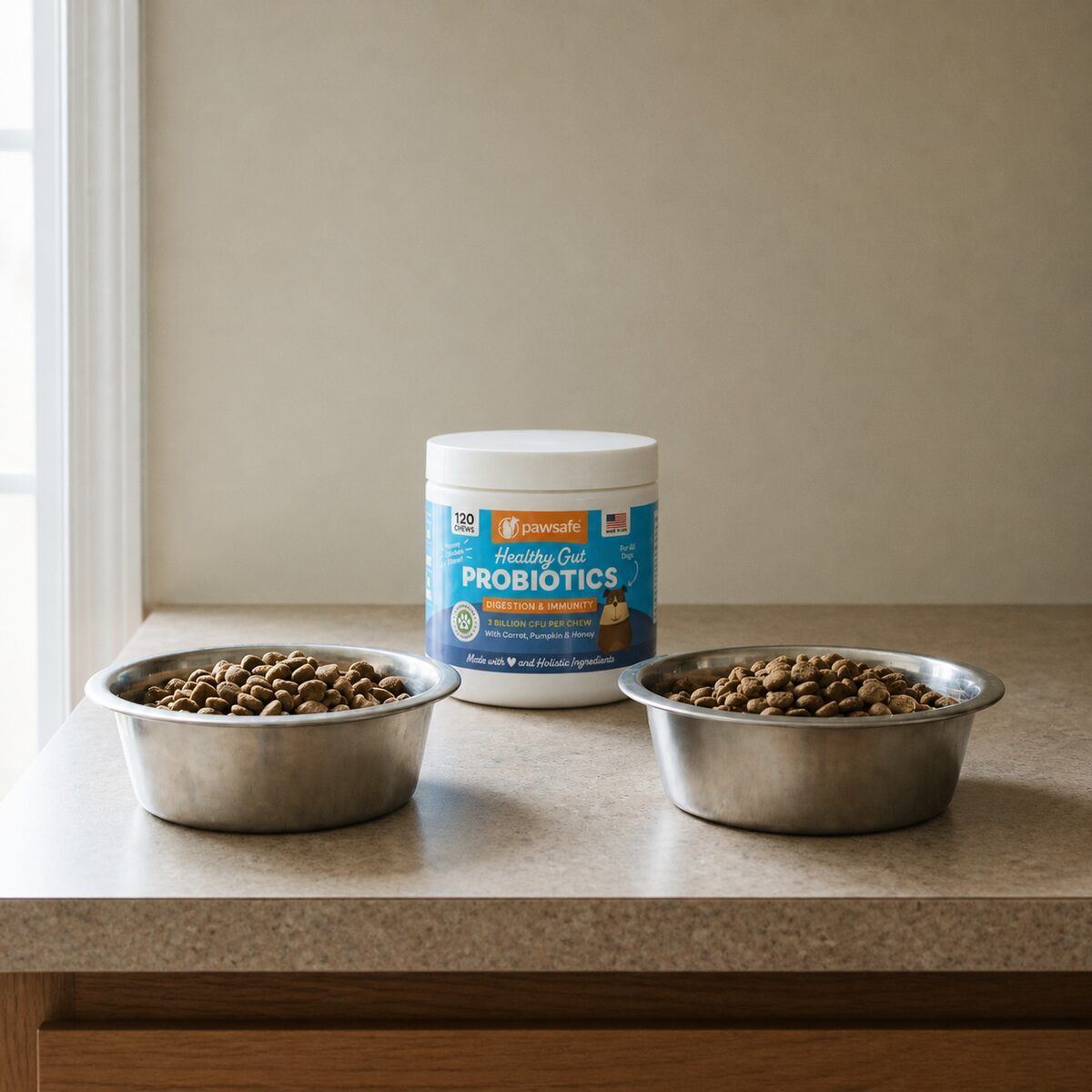 Two identical bowls of the same kibble side by side with a PawSafe tub behind them