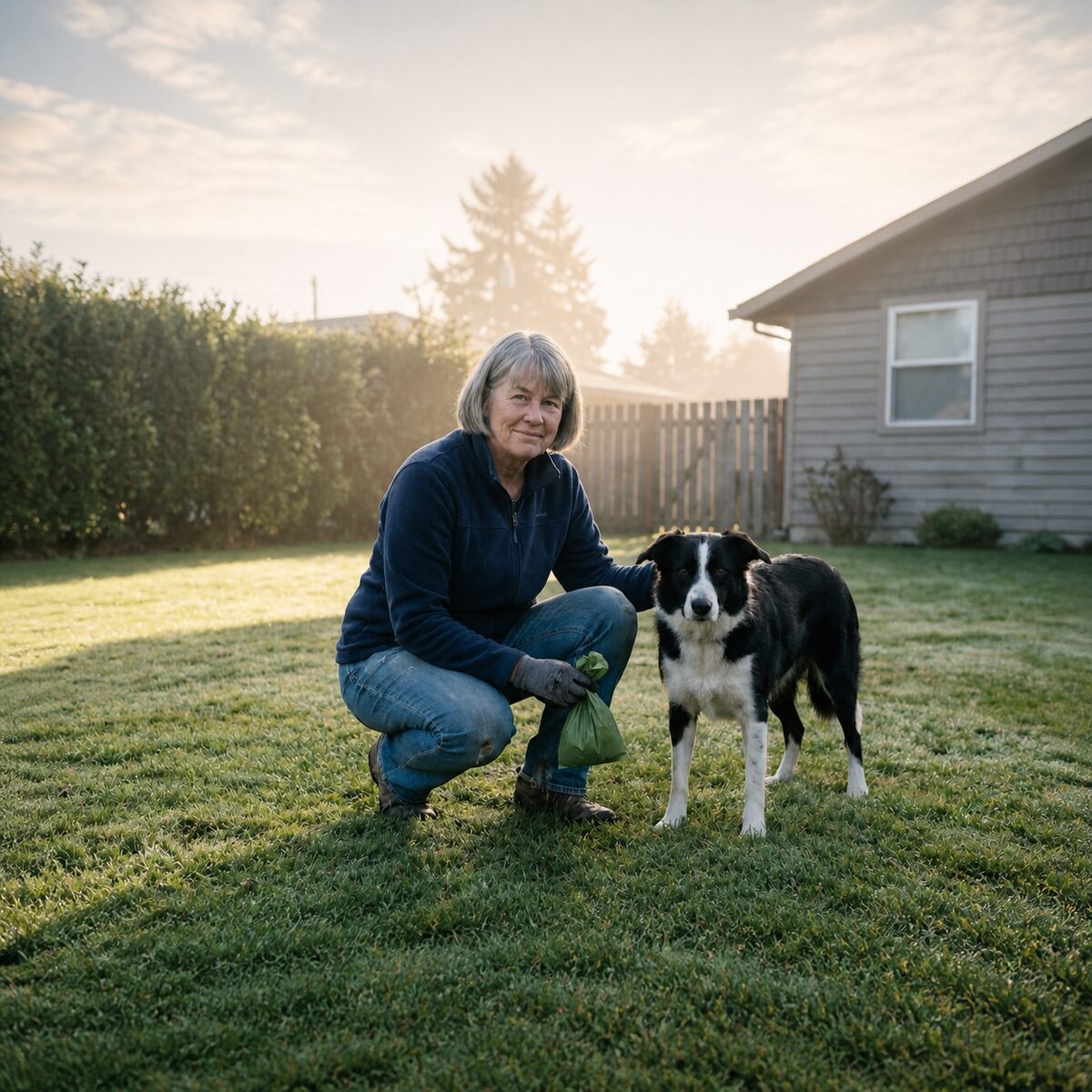 An owner crouched on a dawn lawn with a small bag in hand while a calm dog waits beside her
