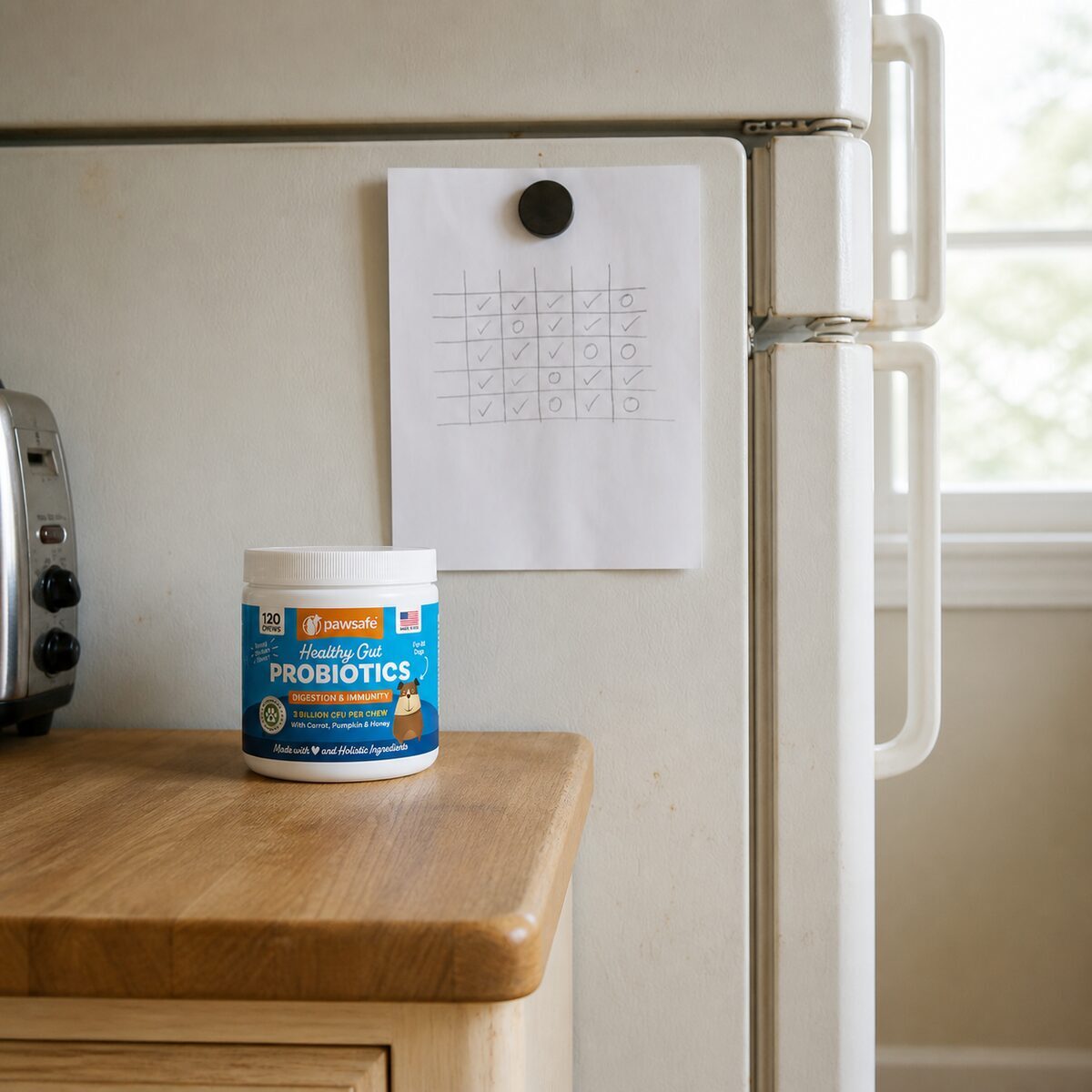 A log sheet held on a fridge door by a magnet with single digits written in the squares