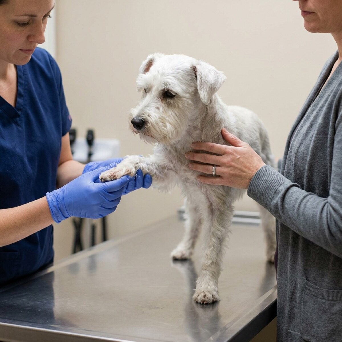 An owner's hands and a vet's hands turning a dog's front paw to look between the toes