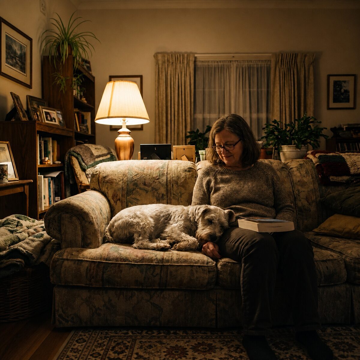 A small dog curled asleep on a sofa in evening lamplight with its front paws untouched