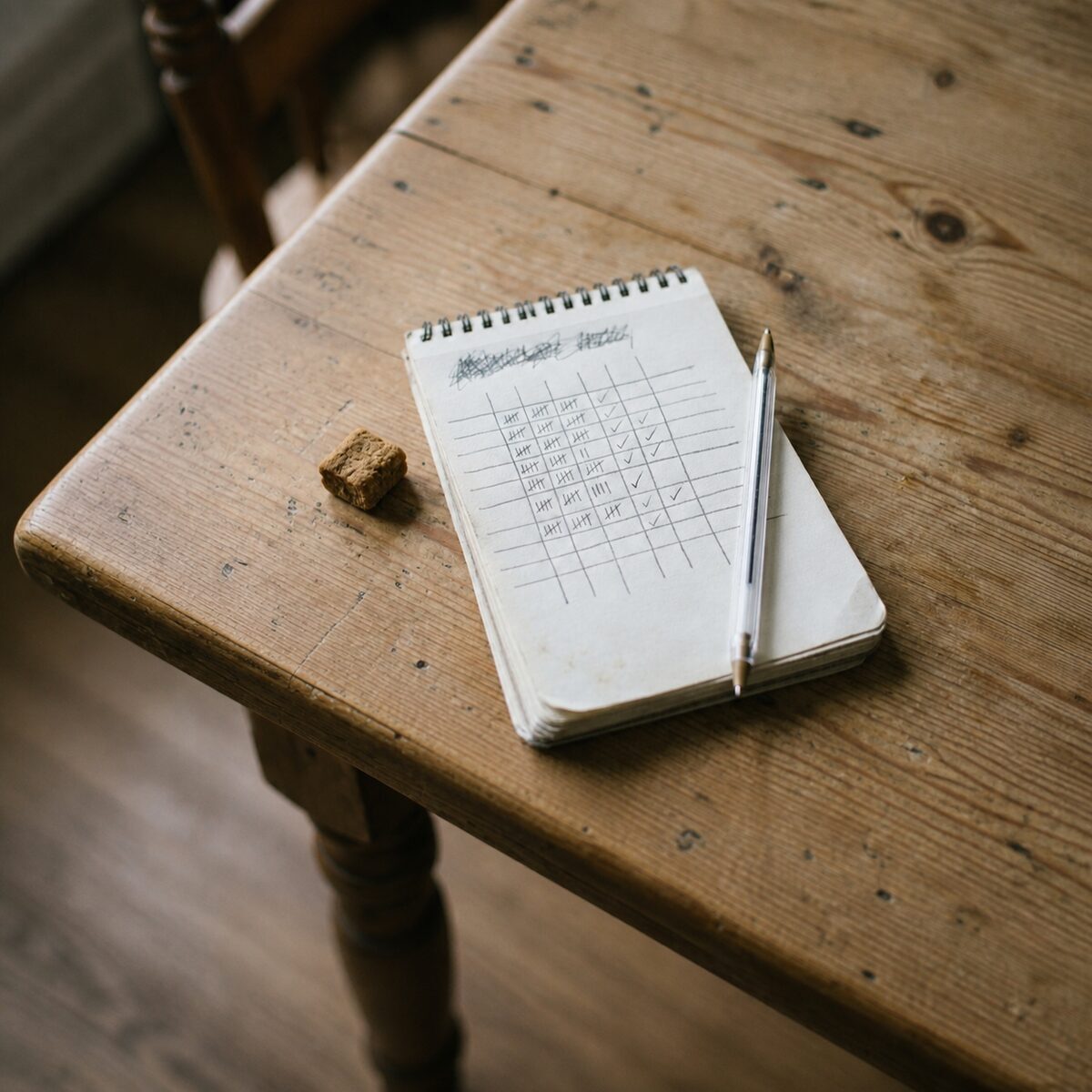 A notebook tally grid with a pen resting beside a single soft chew