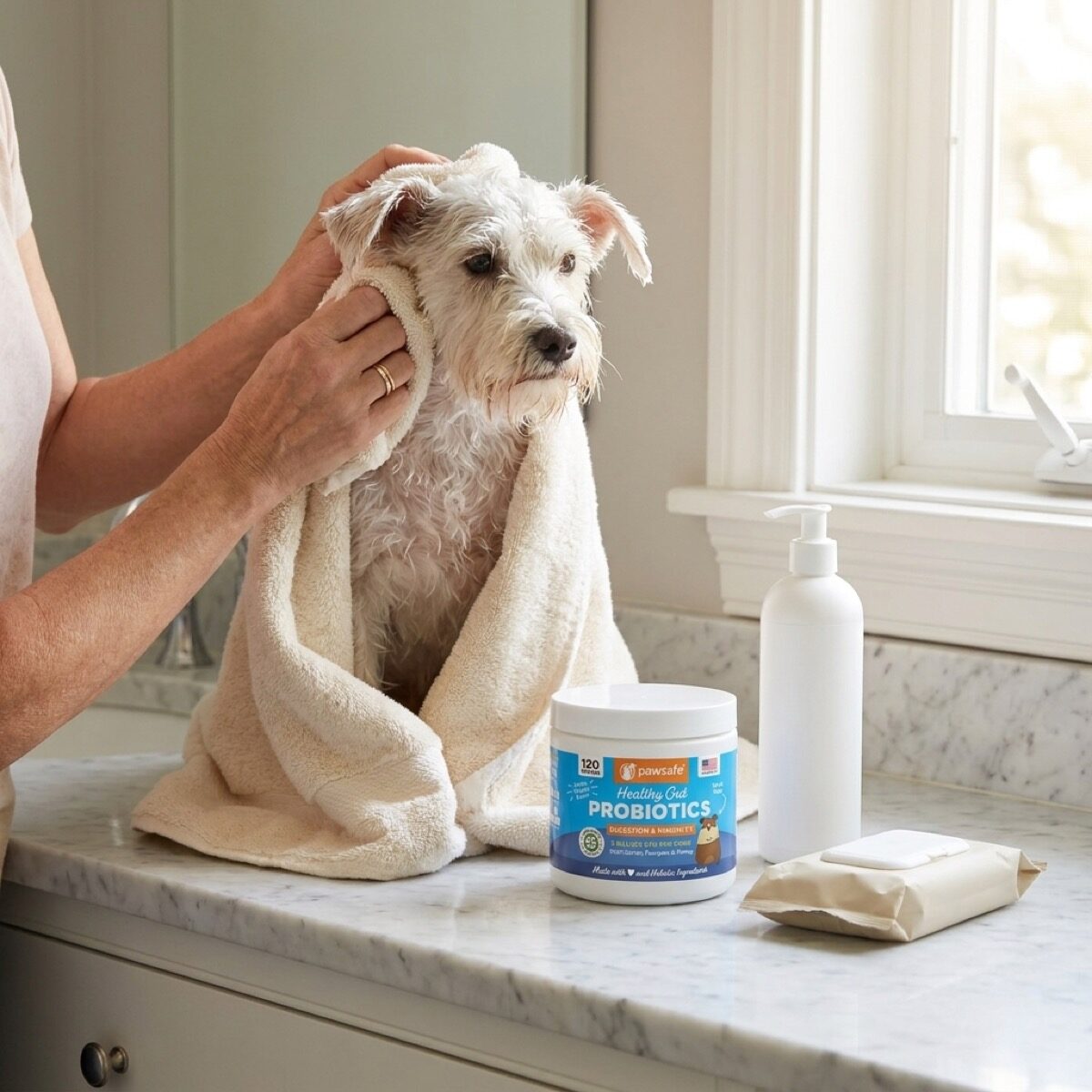 A PawSafe tub on a bathroom shelf beside a bottle of medicated dog shampoo