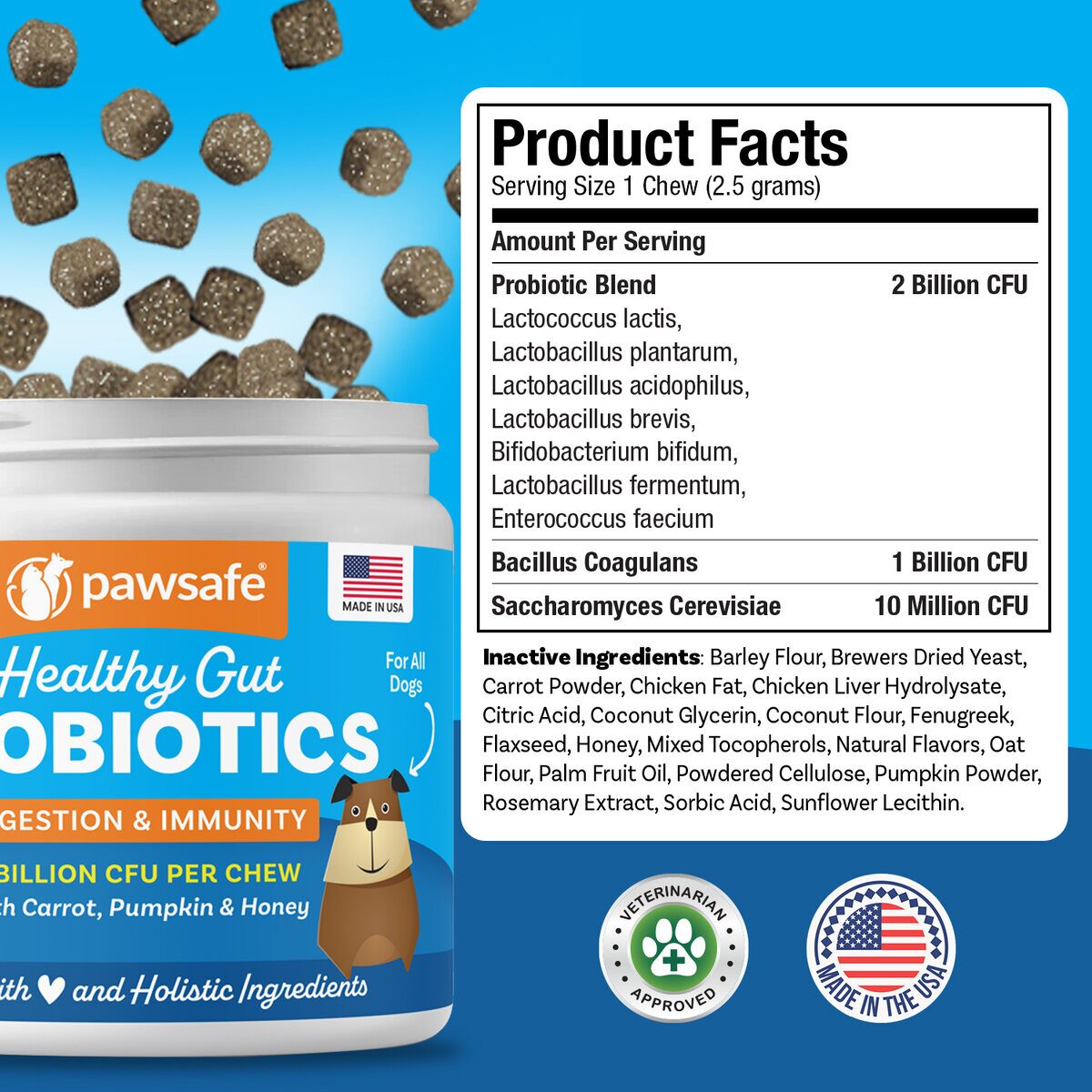 A close photograph of the PawSafe Product Facts panel showing the strain and ingredient wording