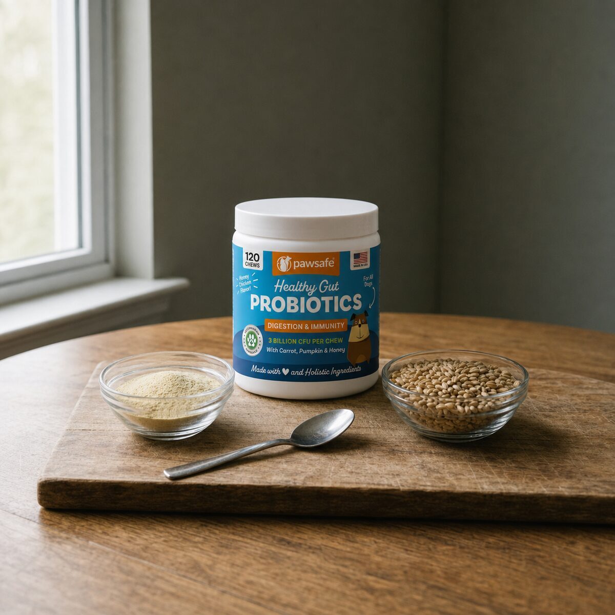Two small dishes holding brewers dried yeast powder and barley grains on a kitchen counter