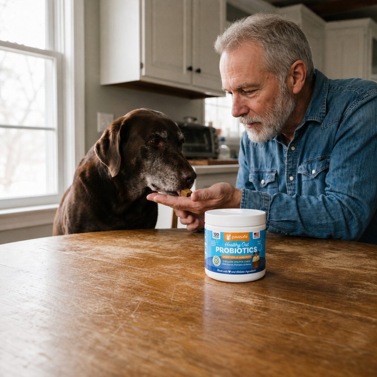 A dog taking a soft chew from a man's open palm beside the kitchen table
