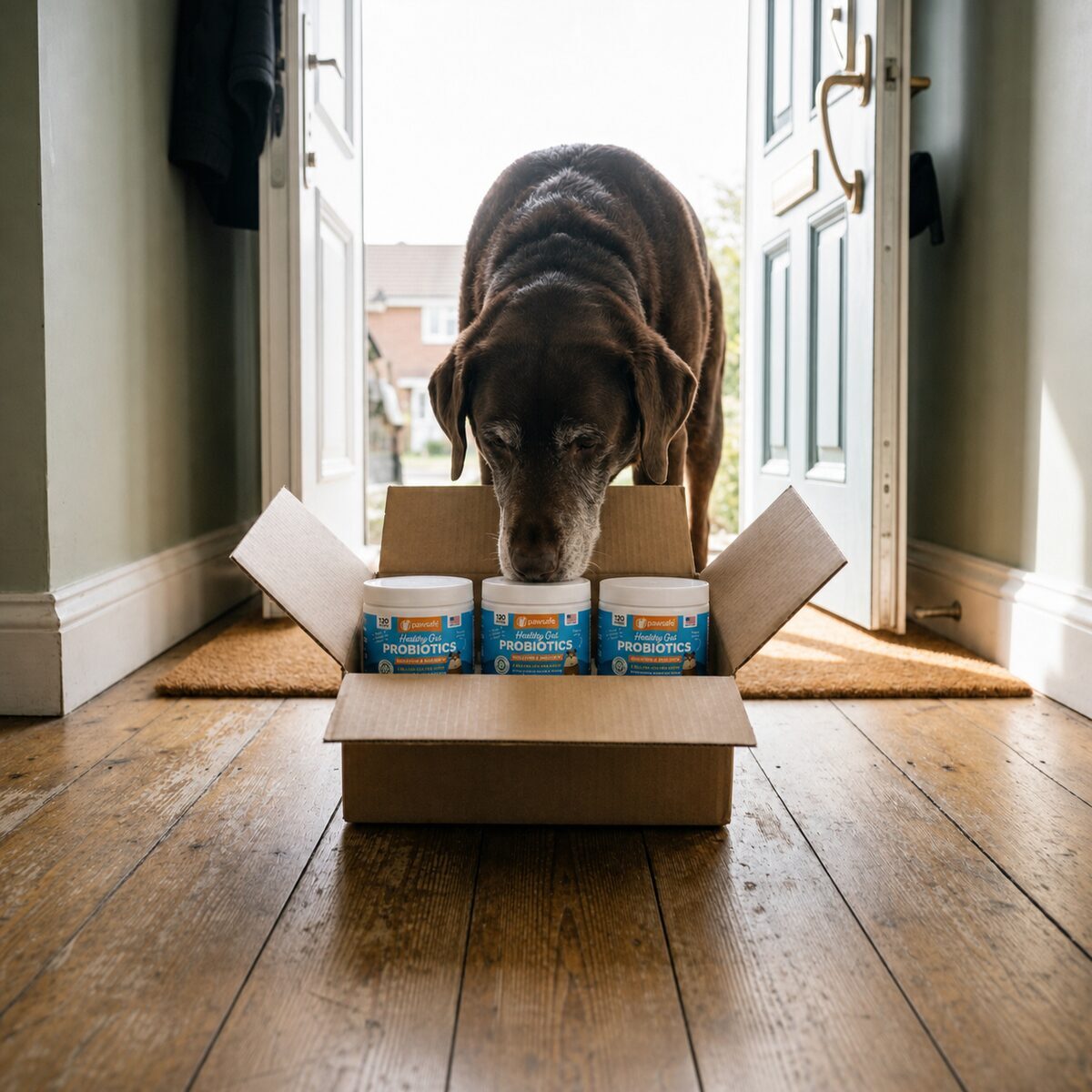 An opened shipping box holding three tubs while a dog sniffs at the flap