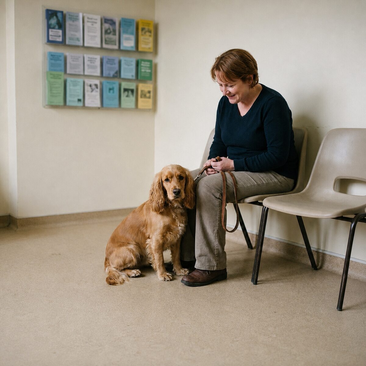 An owner and her dog waiting calmly on a bench in a veterinary waiting room