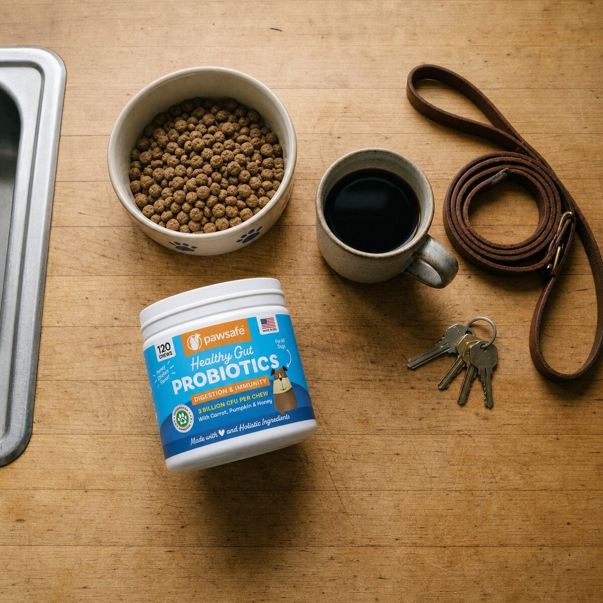 A morning flat lay of a dog bowl, a PawSafe tub, a coffee mug, a leash and keys