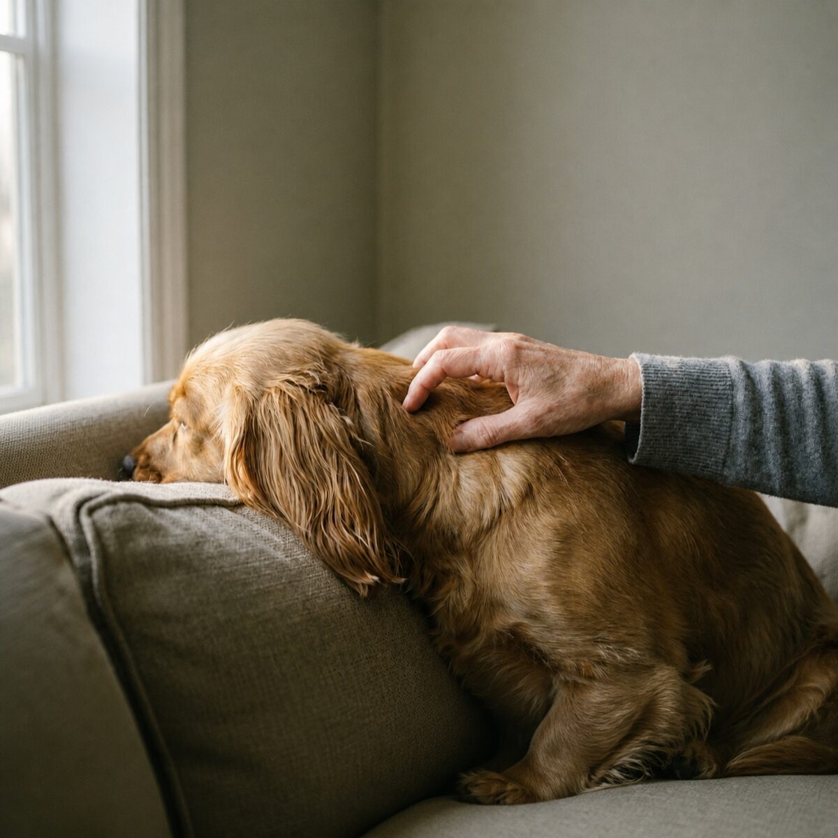 A close view of a hand stroking a dog's shoulder, the coat catching the light