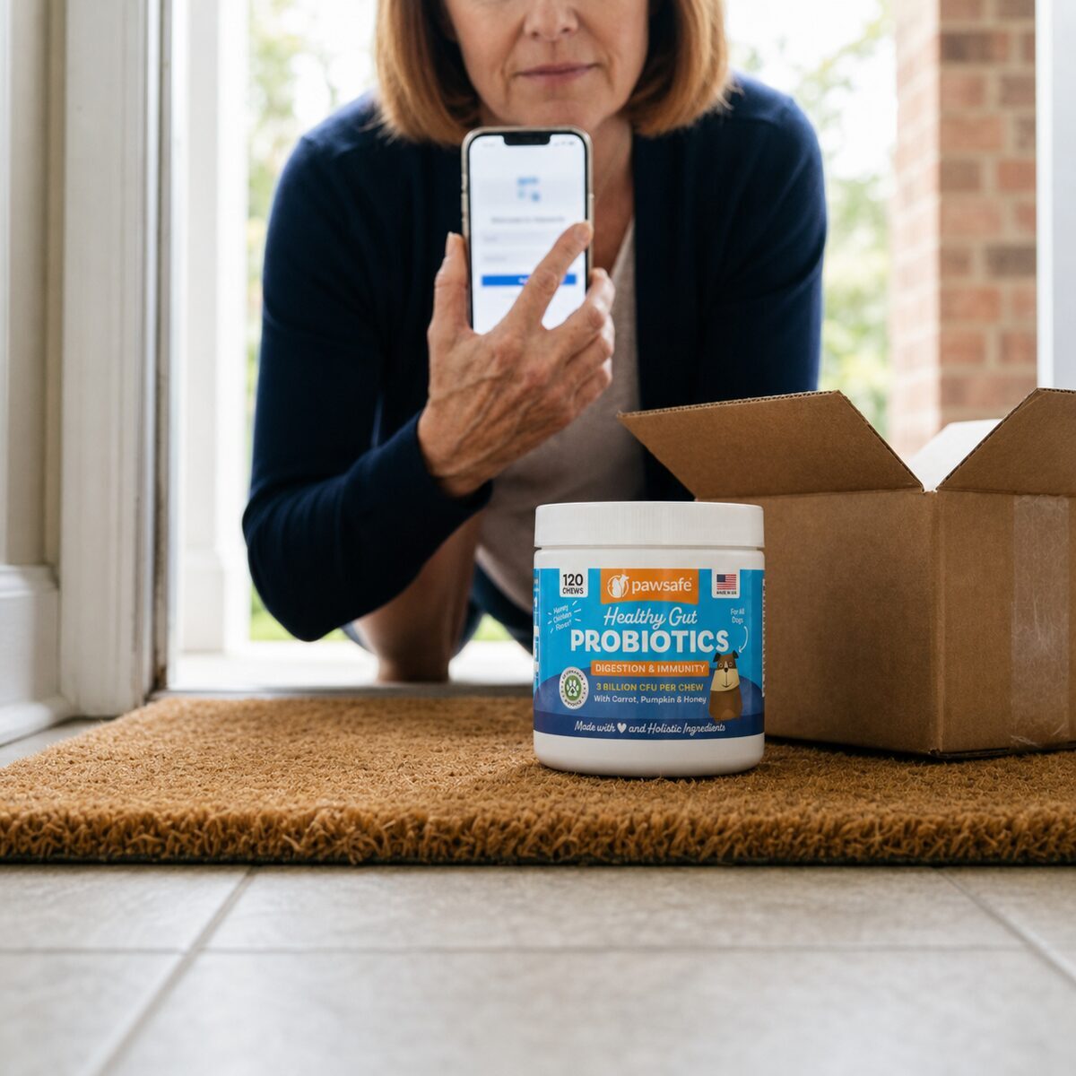 A phone showing a subscription screen beside a tub and a delivery box on a doormat