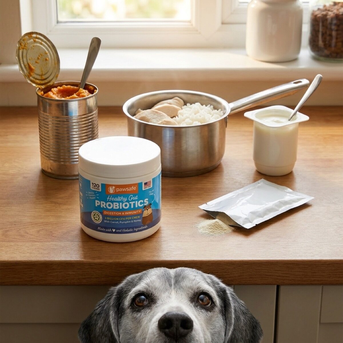 A kitchen drawer open on half used supplement tubs, a pill bottle and a folded vet invoice