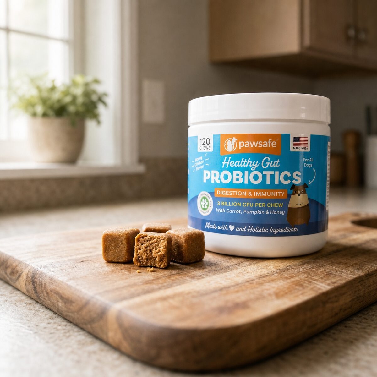 Three soft chews beside an open PawSafe tub, one broken in half to show the texture