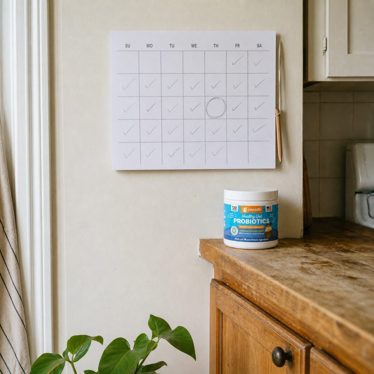A wall calendar showing a month of small pen ticks with the third week circled