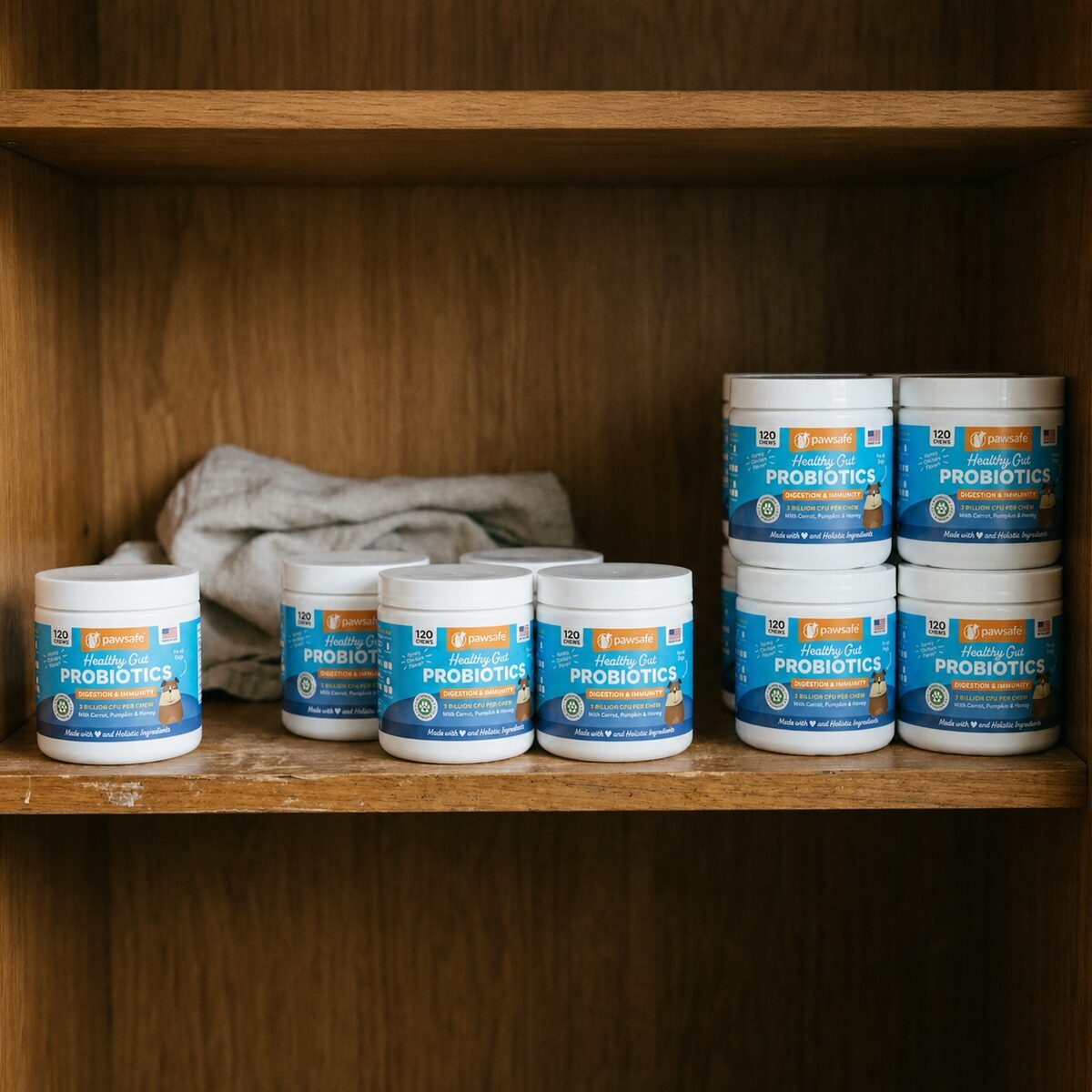 One tub, three tubs and six tubs lined up on a pantry shelf